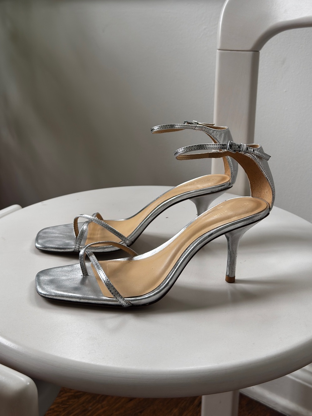 Reformation Silver Strappy Ankle‑Tie Heels